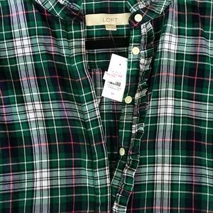 LOFT: Ruffled Plaid Long Sleeve Shirt